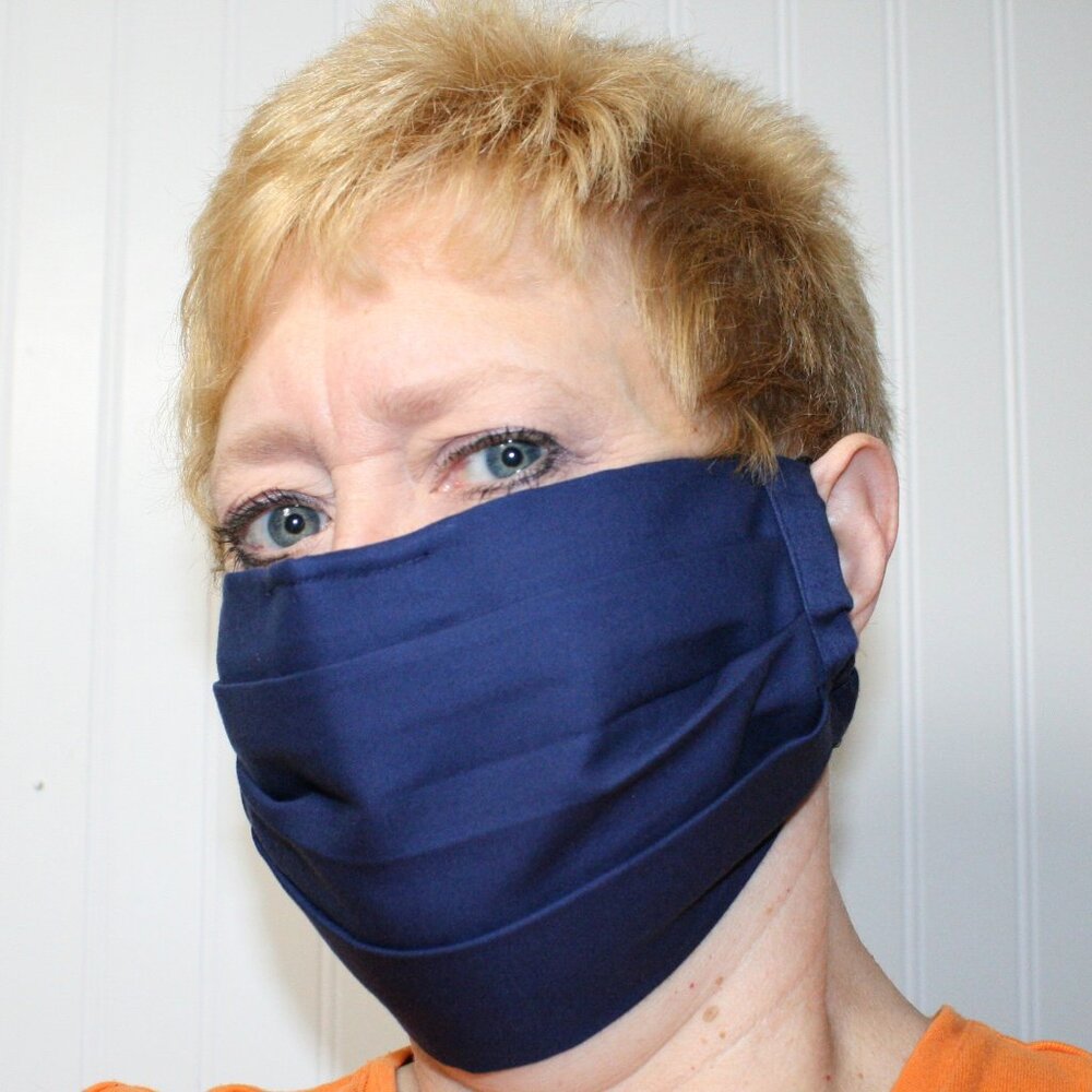 HAND CRAFTED Face Mask Navy Blue Cotton Adult Cloth Fabric Solid - Pocket Style